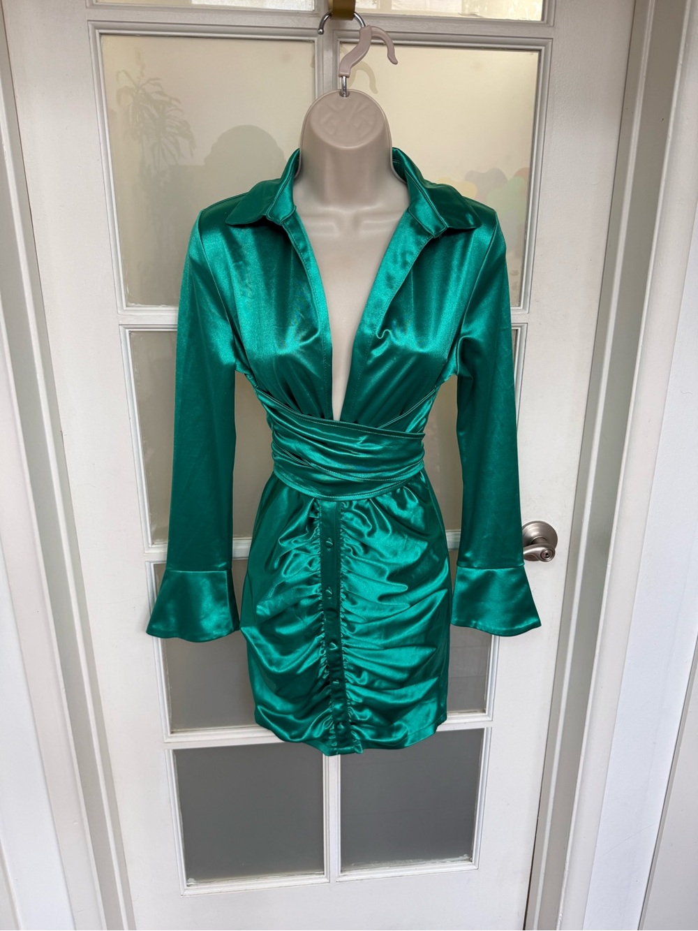 Emerald Satin Wrap-Style Mini Dress